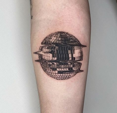 Melting Disco Ball Tattoo, Fine Line Disco Ball Tattoo, Disco Tattoo Ideas, Trippy Tattoos For Women, Edm Tattoo Ideas, Psychadelic Tattoo, Funk Tattoo, 60s Tattoo, Cd Tattoo