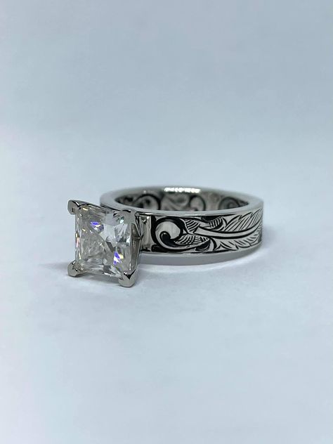 Princess Cut Western Ring, Square Western Engagement Rings, Wester Promise Rings, Tooled Silver Wedding Ring, Hyo Silver Wedding Ring, Western Wedding Rings Sets Princess Cut, Rustic Wedding Rings For Women, Western Wedding Rings Womens, Tooled Wedding Ring