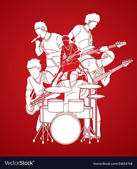 Concert Drawing Illustration, Music Band Illustration, Rock Band Illustration, Bands Playing On Stage, Rock Music Illustration, Music Concert Illustration, Musical Paintings, Drum Set Illustration, Band Illustration