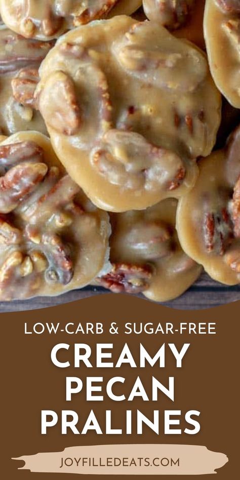 This Creamy Pecan Pralines recipe is just like the ones sold in New Orleans. I was thrilled to come up with a low-carb sugar-free version. To make pralines you basically make a caramel-type sauce, add the pecans, and let them set. It is easier than you think and my method doesn't even require a candy thermometer. Sugar Free Candy Recipes, Pecan Pralines Recipe, Sugar Free Low Carb Desserts, Pralines Recipe, Sugar Free Cookie Recipes, Sugar Free Desserts Easy, Praline Recipe, Low Carb Candy, Sugar Free Baking