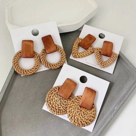 Summer Earring Inspo ~ Rattan Earrings For Rattan Fans Rattan Earrings, Straw Earrings, Wedding Notes, Geometric Studs, Geometric Circle, Leather Handbags Women, Long Drop Earrings, Summer Earring, Stylish Earring