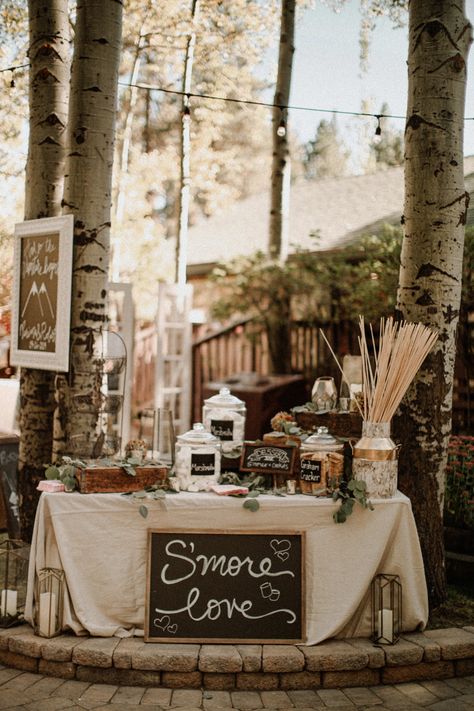 Fall Forest Wedding Reception, Fall Lake Wedding Ideas Decor, Bonfire At Wedding Reception, Dock Wedding Decor, Forest Reception Decor, Wedding S’more Station, April Outdoor Wedding, Boho Reception Ideas, Outdoors Party Theme