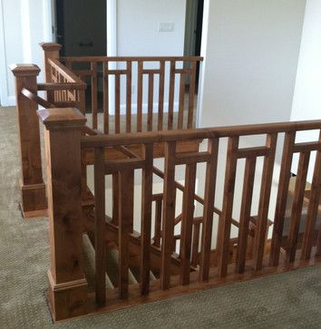 Craftsman Balustrades Craftsman Style Banister, Craftsman Handrails For Stairs, Craftsman Railing, Craftsman Metal Railing, Arts And Crafts Stair Railing, Mission Style Stair Railing, Teak Wood Staircase Railings, Wooden Staircase Railing, Craftsman Cabinets