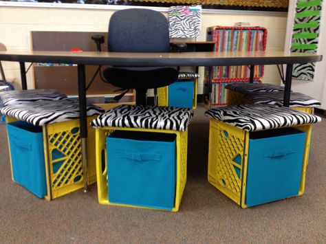 Just a great idea!!   Mrs. Solis's Kinder Class: Seat Crates or Ottman Storage Seats.. Milk Crate Seats, Crate Seats, Classroom Arrangement, Alternative Seating, Classroom Seating, Diy Organizer, Milk Crate, Milk Crates, Flexible Seating