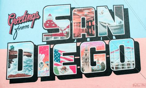 Greetings from San Diego, CA — Easily Inspired | san diego, murals in san diego, san diego instagram spots, san diego travel guide, things to do in san diego San Diego Graphic Design, San Diego Landmarks, San Diego Postcard, San Diego Photos, San Diego Aesthetic, San Diego Art, Moving Cross Country, Hotel Del Coronado, Hometown Pride