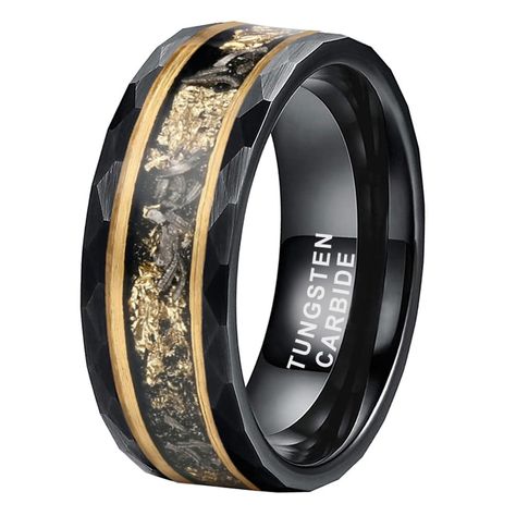 PRICES MAY VARY. 8mm Genuine Meteorite Shavings, Gold Foil and Double Golden Lines Inlay Silver & Black Color Available Hammered Tungsten Carbide Rings for Men Women Engagement Wedding Bands Pipe Cut Matte Finish Comfort Fit. Please note that as the Fragment Inlay is Handmade, Each Ring Will Have Different Looking! Made of Genuine Tungsten Carbide. Scratch Resistant, Water Proof, Never Tarnish, Nice Weight, Cobalt Free, Hypoallergenic, Will Not Turn Your Finger Green. Ideal Fashion Rings Suit fo Male Wedding Bands Tungsten, Gold And Black Ring Men, Fossil Engagement Ring, Wooden Rings For Men, Black And Gold Wedding Ring, Meteorite Ring Men, Male Wedding Bands, Wedding Bands Men, Tungsten Rings For Men