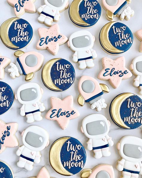 The Sugar Cookie Studio on Instagram: ““Two the Moon” 🌙 might be my new favorite theme...especially in navy & blush!!” Birthday Sugar Cookies, Two The Moon, Galaxy Party, Second Birthday Ideas, Outer Space Birthday, Space Birthday Party, 2nd Birthday Party Themes, Girl Birthday Themes, Cookies For Kids