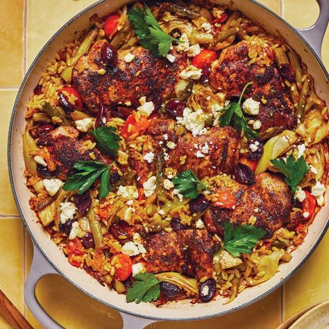 Recipe: Greek-inspired chicken and orzo bake | Muddy Stilettos | Muddy Stilettos Chicken Artichoke Orzo Recipes, Greek Chicken And Orzo Recipes, Greek Chicken And Orzo, Chicken Orzo Bake, Greek Chicken Orzo, Orzo Bake, Chicken And Orzo, Citrus Recipes, Spiced Beef