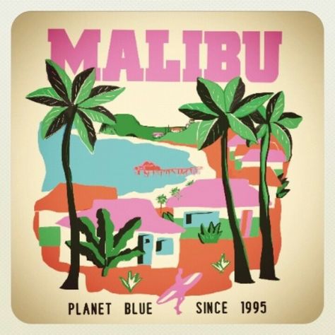 Malibu - USA. Malibu Poster, Retro Beach Illustration, California Vintage Poster, Retro California Poster, Malibu Art, Miami Beach Poster, Planet Blue, Photography Illustration, California Love