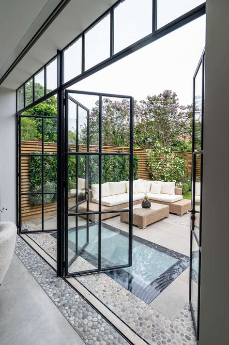 SW London townhouse | Crittall Windows | Bespoke Glazing Design Crittal Doors Extension, Floor To Ceiling Doors, Crittall Windows, Crittal Doors, Crittal Windows, House Extension Plans, Open Plan Kitchen Living Room, Glass Extension, London Townhouse