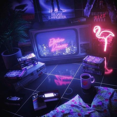 D r e a m k i d on Instagram: "S l e e p o v e r 📼 Art by @da_schlechti #newretro #cyberwave #outrun #vaporwaveart #retrowave #vapourwave #vaporwaveaesthetic #synthwaveart #chillwave #newretrowave #synthwave #80s #eighties" Reality Aesthetic, Cyberpunk Room, Neon Rouge, The Last Starfighter, Flamingo Artwork, Scifi Artwork, Synthwave Art, Escaping Reality, Electric Dreams