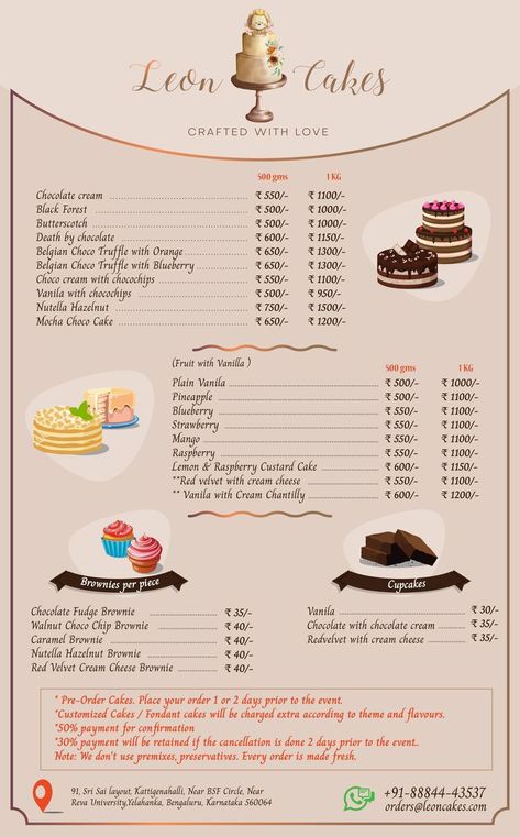 Leon Cakes Menu buy Cake Shop Menu Card Design, Cake Username Ideas, Cake Menu Design Ideas Template, Cake Bussines Ideas, Cute Names For Bakery Business, Cake Prices Chart, Baking Names Ideas With Logo, Logo For Baking Business, Cake Menu Ideas