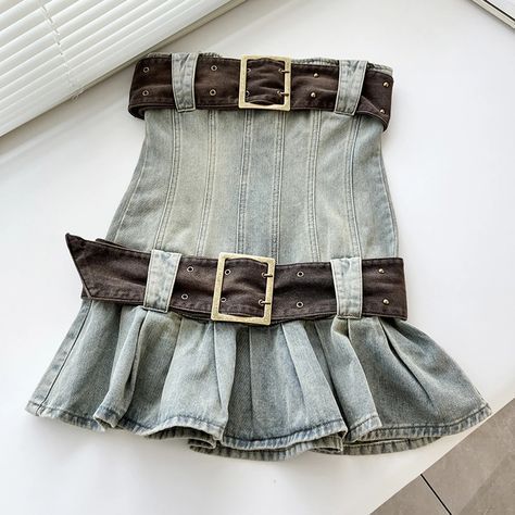 Belted Denim Dress, Strapless Denim Dress, Rich Fashion, Womens Denim Dress, Denim Corset, Vintage Corset, Denim Patterns, Sleeveless Dress Summer, Dress With Belt