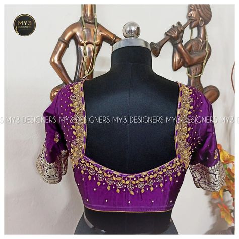 The Classy edit - Violet 💜 Pattu work blouse with floral theme and customised neck line adored with zardosi, jarkan , thread and Pani work with fine detailing. 👇 MODEL NO : 83 👇 Blouse can be customised✔️ in any colour and model🎀 of your choice as per your saree🥻 requirement. Ex: 👗Fabric, embroidery🪡 placements, neckline and tassels 💥 👇 📌 For more details 🏷️and bookings DM, ☎️ call / WhatsApp +919032871878 📩 📌 Visiting 🏡 only by appointment. 👇 🏅Best in class finishing... ✅💯 Exclusively🧵 h... Embroidered Blouse Designs, Fabric Embroidery, Hand Embroidery Design Patterns, Aari Work, Hand Embroidery Design, Floral Theme, Bridal Gold Jewellery, Design Patterns, Work Blouse