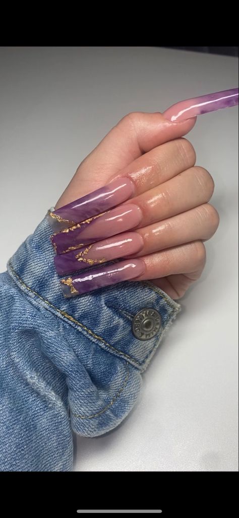 Amethyst Acrylic Nails, Pisces Nails Acrylic Long, Long Acrylic Nail Designs Purple, Purple Aquarius Nails, Long Curved Acrylic Nails Coffin, Amethyst Nails Acrylic, Fancy Acrylics, Dark Purple Nails Acrylic, Pisces Nails