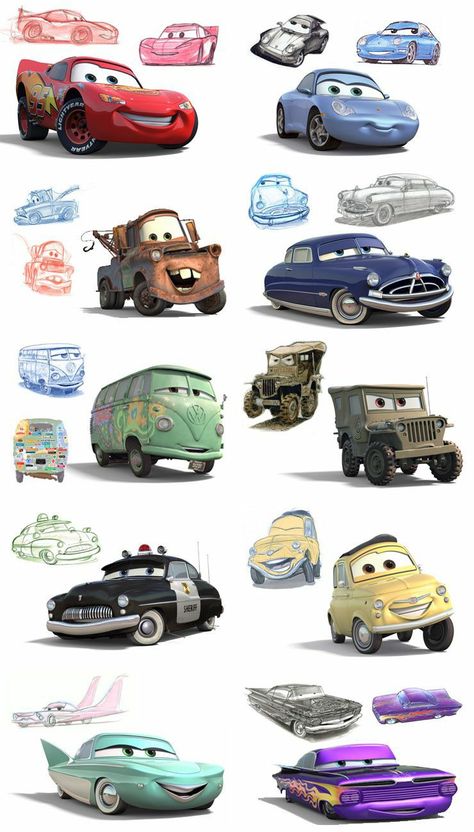 Cars Disney Characters, Disney Pixar Characters Drawings, Cars 2 Characters, Disney Cars Art, Car Character Design, Disney Cars Drawing, 4 Cartoon Characters, Pixar Drawings, Cars Concept Art