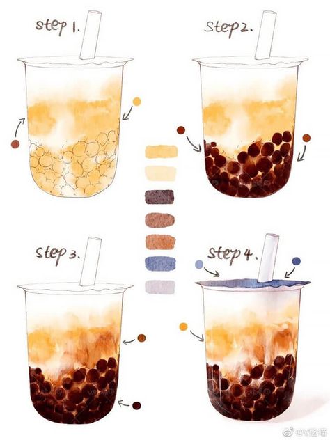 How to Paint Bubble Tea Akvarel Illustration, Watercolor Food Illustration, Beautiful Dawn, Food Art Painting, 귀여운 음식 그림, Food Artwork, Food Sketch, Food Illustration Art, Watercolor Food