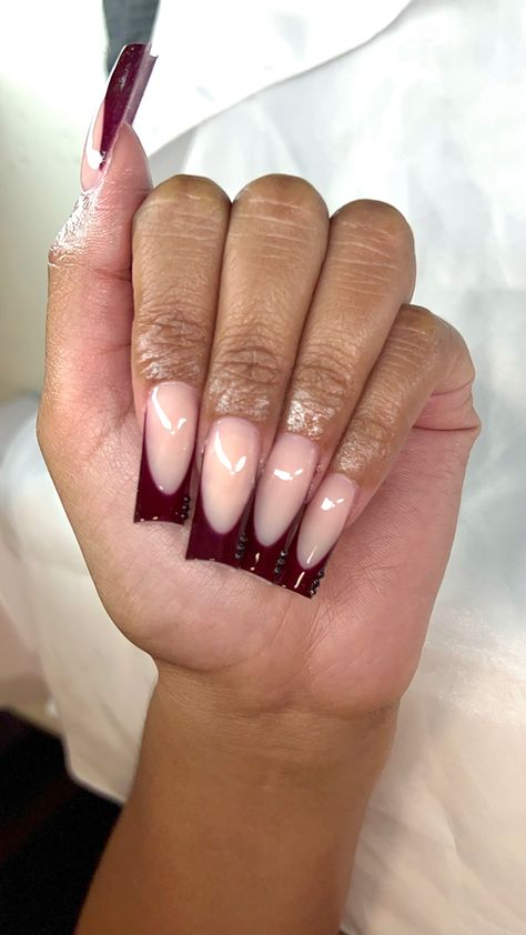 Dark Cherry French Tip Nails, Dark Red French Tip Nails With Gems, Deep Red Tip Nails, Fall Burgundy Nails Acrylic, Marron French Nails, French Tip Burgundy Nails, Deep Red French Tip, Wine Red French Tip, Cherry Red French Tip