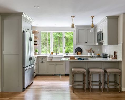 Home design: A trip to France provides inspiration for a kitchen makeover - The Boston Globe Closed Off Kitchen, G Shaped Kitchen, New England Kitchen, Kitchen Peninsula, White Tile Backsplash, Unique Backsplash, Kitchen Makeovers, U Shaped Kitchen, Kitchen Stories