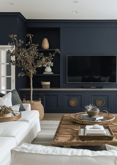 Second Living Room Ideas Upstairs, Tv On Dark Wall, Blue Media Wall, Asymmetrical Tv Wall, Blue Tv Wall, Two Living Room Ideas, Dark Blue Feature Wall, Large Tv Wall Ideas Living Room, Tv Living Room Ideas