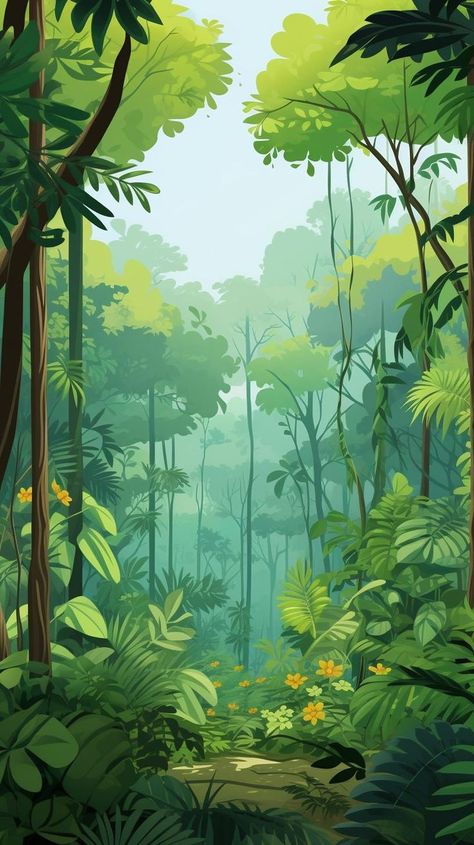 Immerse yourself in the lush beauty of the Verdant Canopy, where thick foliage and towering trees create a serene oasis. Explore the wonders of nature and get lost in the tranquil greenery. #VerdantCanopy #ThickFoliage #ToweringTrees #NatureLovers #Greenery #SereneOasis Jungle Cartoon, Rainforest Trees, Wonders Of Nature, Forest Background, Forest Illustration, Simple Phone Wallpapers, Forest Art, Landscape Drawings, Fantasy Art Landscapes