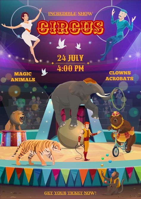 Acrobats and animals performing, circus arena Animal Circus, Circus Illustration, Juggling Balls, Circus Show, Riding Bicycle, Circus Animals, Animal Magic, Lion Tiger, Juggling