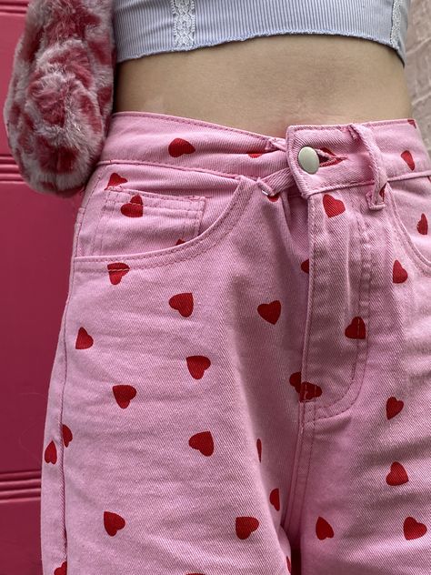 Red Heart Jeans, Pink Jeans With Hearts, Pink Dress With Red Hearts, Heart Themed Outfits Aesthetic, Jeans With Hearts On Them, Pink Red Outfit Aesthetic, Lovecore Pants, Lovecore Outfit Male, Red And Pink Fashion