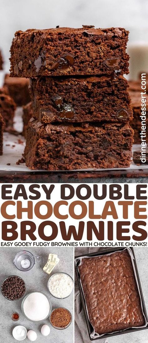 Double Chocolate Brownies are the ultimate gooey, chewy brownie recipe with melty chocolate chunks throughout for an extra chocolatey taste. Chewy Brownie Recipe, Chewy Brownies Recipe, Brownie Cake Recipe, Brownie Mix Recipes, Chocolate Chunk Brownies, Homemade Brownies Easy, Ultimate Brownies, Fudge Brownie Recipe, Double Chocolate Brownies