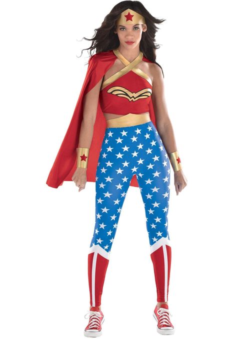 PRICES MAY VARY. Iconic Superhero Costume: Step into the shoes of a legendary hero with the Party City Adult Wonder Woman Costume. This athleisure-inspired set features a cropped halter top and high-waisted leggings, embodying Wonder Woman's powerful and stylish look. Shoes not included. Size: S. Comfortable and Flexible: Made from a blend of polyester and spandex, the costume is designed for maximum comfort and flexibility. The cropped halter top has a criss-crossed neckline and iridescent gold Wonder Woman Costume Gold, Comicon Costume Women Blonde, Wonder Woman Gold Costume, Party City Halloween Costumes For Women, Wonder Woman Halloween Costume, Cropped Halter Top, 80's Party, Woman Costume, Wonder Woman Costume