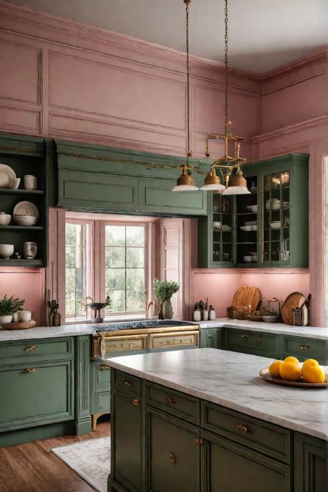 Romantic kitchen with dusty rose cabinets Unique Kitchen Colors Schemes, Pink And Gold Kitchen Ideas, Dusty Rose Kitchen Cabinets, Blush Pink Kitchen Cabinets, Dusty Rose Color Palette, Georgian Revival Homes, Pink Kitchen Cabinets, Girly Kitchen, Pink Kitchens