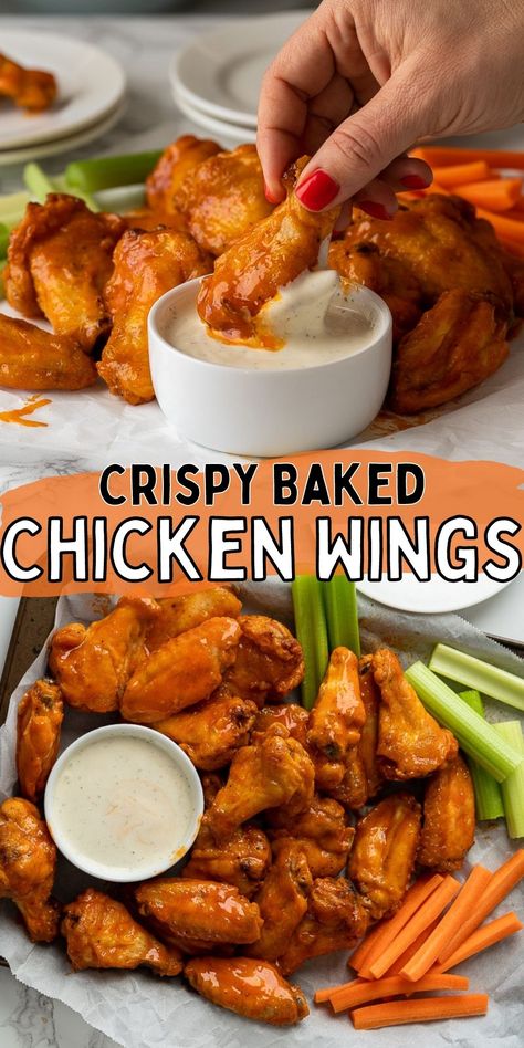 These Crispy Oven Baked Chicken Wings are baked crispy outside and then tossed in buffalo sauce for the perfect party appetizer! Buffalo Wings Sauce Recipe, Buffalo Wings Recipe Baked, Crispy Oven Baked Chicken Wings, Appetizer Chicken, Baked Hot Wings, Oven Baked Chicken Wings, Oven Chicken Wings, Wings Recipe Baked, Baked Buffalo Wings