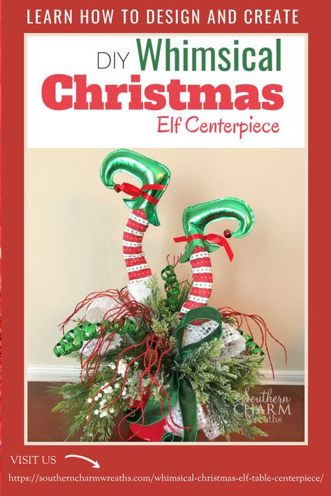 Decorate with elves this Christmas.  Learn how to make this adorable Elf Centerpiece that will add a festive touch to your Christmas decor.  I give you simple to follow step by step instructions so that you will be able to create your very own holiday centerpiece. How To Make Christmas Centerpieces, Christmas Pub, Diy Christmas Elves, Elf Centerpieces, Wreath Making Business, Bucket Crafts, Whimsical Christmas Decor, Christmas Burlap, Elf Legs