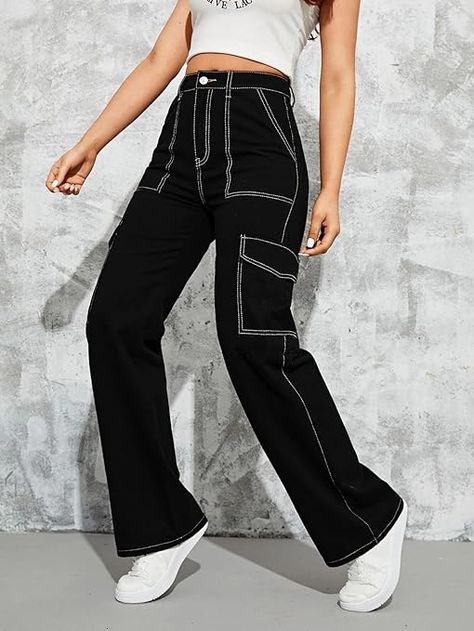 dockstreet Womens Twill Denim Cargo for Women with White Stitching Accents #denimcargo #outfits #trending #outfitinspo #black Flap Pocket Cargo Jeans, Cargo Pants For Women, Women Cargo Pants, Denim Cargo Pants, Stretch Denim Fabric, Trendy Denim, Denim Cargo, Jeans Cargo, Loose Fit Jeans