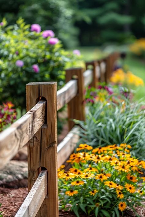 Front Yard Split Rail Fence, Split Rail Fencing Ideas, Split Fence Landscaping, Wooden Fence Ideas Front Yards, Driveway Fence Landscaping, Split Fence Ideas, Landscaping In The Country, Modern Split Rail Fence, Split Rail Fence Landscaping Front Yards