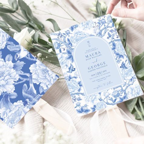 Chinoiserie Invitation, Blue Roses Wedding, Chinoiserie Garden, French Blue Wedding, Chinoiserie Wedding, Bohemian Vintage Style, Garden Wedding Invitation, Wedding Postcards, Blue Wedding Theme