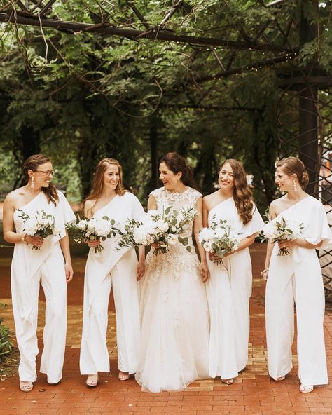 Something Different: Bridesmaids in Jumpsuits | OneFabDay.com Ireland Bridesmaid Pants Outfits, Bridesmaid Pants, Bridesmaid Suits, Bridesmaids Jumpsuits, Chelsea Wedding, One Shoulder Bridesmaid, White Bridesmaid, Bridesmaid Bouquets, Bridal Jumpsuit