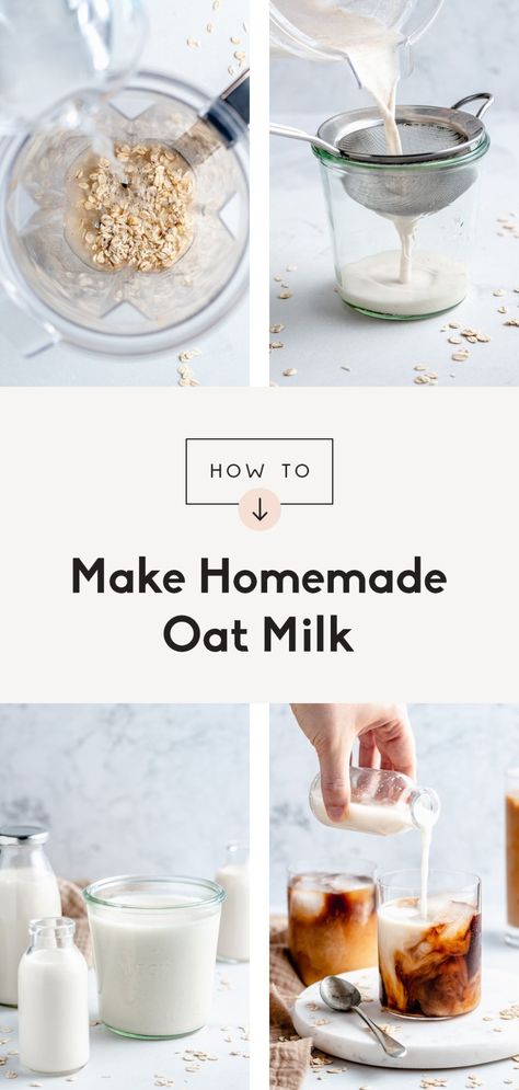 Learn how to make oat milk with two simple ingredients to use in your coffee, with cereal, in recipes and more! This homemade oat milk recipe takes just 5 minutes to make and is a wonderful, inexpensive dairy free milk alternative. Options to add delicious flavors like vanilla, honey & cinnamon! #oatmilk #tutorial #kitchenhack #dairyfree Make Oat Milk, Homemade Oat Milk, Oat Milk Recipe, How To Make Oats, Vanilla Honey, Clean And Delicious, Honey Cinnamon, Milk Alternatives, Dairy Free Milk