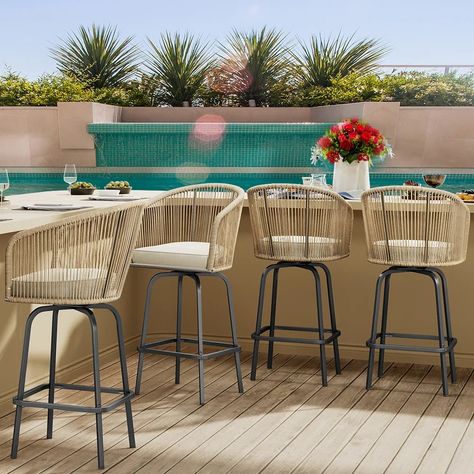 Moasis 4-Piece Patio Woven Swivel Bar Stools - Bed Bath & Beyond - 40378092 Waterfall House, Bar Height Stools, Indoor Patio, Outdoor Bar Stools, Outdoor Dining Furniture, Counter Bar Stools, Swivel Bar Stools, Dining Room Bar, Table Bar