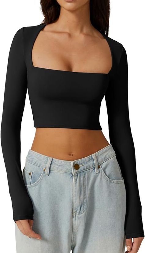 QINSEN Women's Sexy Square Neck Crop Top Long Sleeve Slim Fit Cropped T Shirts Black L at Amazon Women’s Clothing store Crop Top And Sweats, Sweats Outfit, Crop Top Long Sleeve, Crop Top Long, Shirts Black, Neck Crop Top, Black Square, Amazon Women, Crop Tshirt