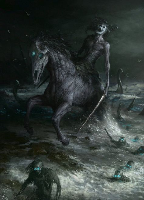 In Celtic mythology, the Nuckelavee is a horse-like demon with a skinless humanoid creature that is fused to it. The breath of this creature is so bad that it can wither entire crops and sicken livestock (Illustration: Artem Demura) Art Sinistre, Dark Creatures, Humanoid Creatures, Celtic Mythology, Skeleton Art, 다크 판타지, Monster Concept Art, Fantasy Monster, Mythological Creatures