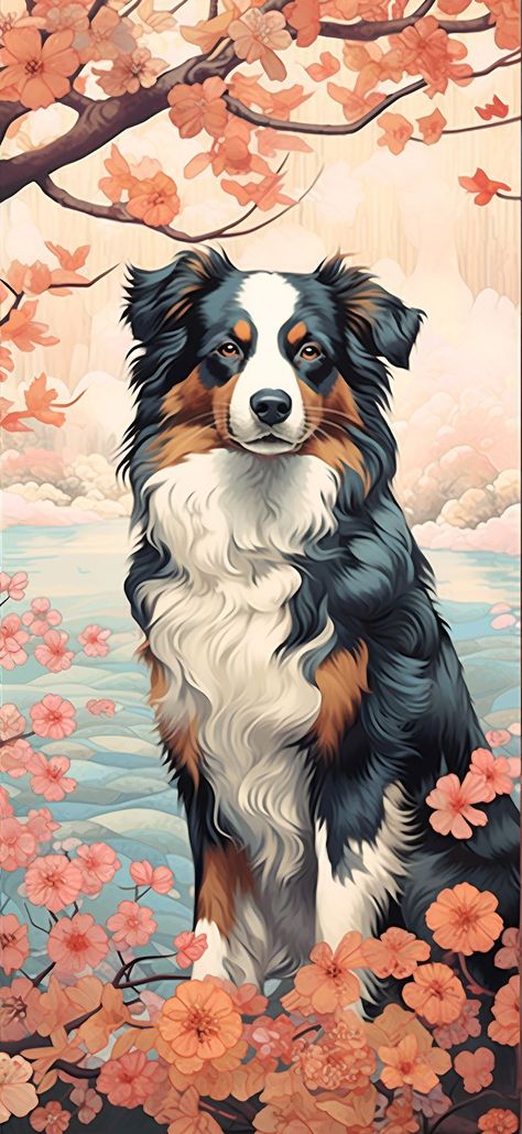 Australian Shepherd in Ukiyo-E Style amongst Painting Clipart, Dogs Watercolor, Small Dog Tattoos, Watercolor Dogs, Dog Watercolor Painting, Dog Print Tattoo, Watercolor Dog Portrait, Dog Portraits Art, Aesthetic Wallpaper Iphone