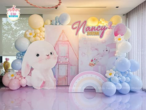 Bunny Birthday Backdrop, Baby Birthday Backdrop, Bunny Birthday Theme, Princess Balloons, Rapunzel Birthday Party, Candy Land Birthday Party, Baby Birthday Decorations, Birthday Decorations Kids, Candyland Birthday