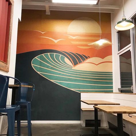 Diy Landscape Mural, Surf Wall Mural, Mural Art Ideas Inspiration, Ocean Wall Painting, Surf Mural, Water Mural, Wave Mural, Paint Drip Design, Surfer Painting