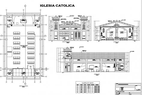 Catholic Church layout plan and elevation drawing in dwg file. Church Plans Layout, Church Layout, Church Building Plans, Plan And Elevation, Section Detail, Church Design Architecture, Floor Plan With Dimensions, Church Building Design, Building Design Plan