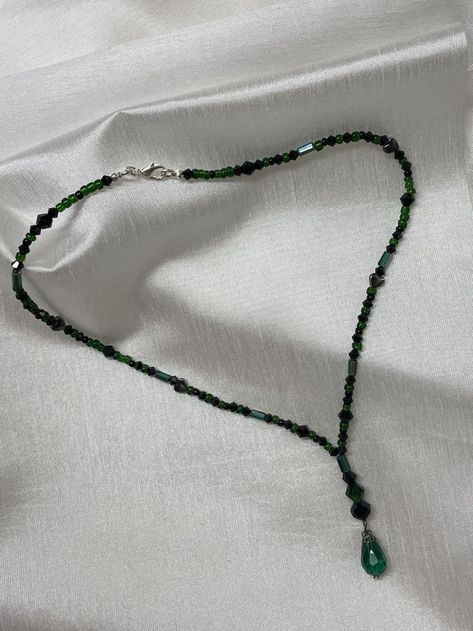 Green and Black Glass Bead Necklace with Dark Green Teardrop Pendant Dark Green Jewelry Necklace, Black And Green Jewelry, Silver And Green Necklace, Dark Beaded Jewelry, Green Jewelry Aesthetic, Dark Green Jewelry, Green Jewelry Necklace, Dark Green Necklace, Grunge Necklaces