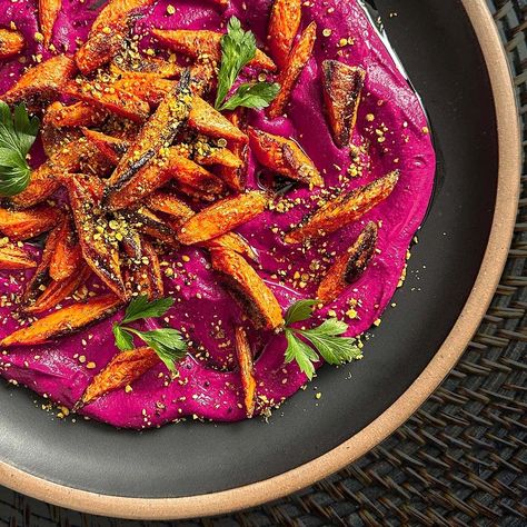 Purée of Beets with Roasted Carrots and Dukkah (Duqqa) - The Salted Potato from Renée Robinson Beet Puree, Salted Potatoes, Nigella Seeds, Roasted Beets, Toasted Sesame Seeds, Roasted Carrots, Coriander Seeds, Things I Love, Meat Free