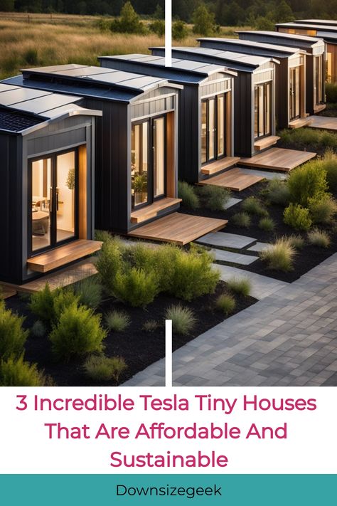 Tesla tiny houses lined up in a row, showcasing modern design and sustainability. Tesla House, Tiny House Company, Tiny House Blog, Tiny House Nation, Tiny House Community, Micro House, Tiny House Movement, Tiny House Interior, Sustainable Energy