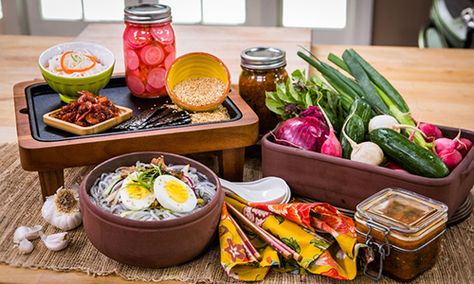 Home & Family - Recipes - Korean Food Made Simple With Judy Joo | Hallmark Channel Radish Pickle Recipe, Korean Cucumber Kimchi, Cucumber Kimchi Recipe, Healthy Korean Recipes, Korean Cucumber, Cucumber Kimchi, Sliced Roast Beef, Kimchi Recipe, Sweet Potato Noodles