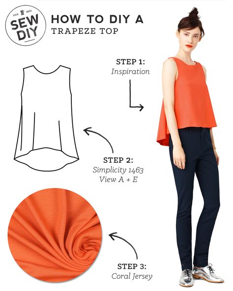 As I shared in my coral moodboard yesterday, I have a big thing for the  color coral. I also love simple, swingy tops like this trapeze style from  Kate Spade Saturday. It has great shape yet is still flattering when worn  with something fitted on the bottom. The simple shape makes for a very  easy, quick DIY. Read on to see how I would make it.  How to DIY a Trapeze Top  Step 1: Our inspiration top is a simple tank with a few touches that make  it extra special. It's fitted at the shoulders... Sewing Top, Trapeze Top, Mode Rose, Sewing Tops, Love Simple, Diy Tops, Make Your Own Clothes, Mood Fabrics, Big Thing