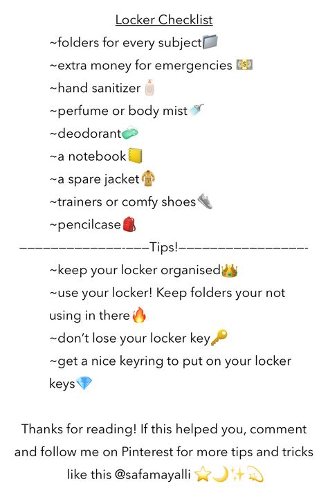 Organised School Locker, Locker Checklist, Tips For 6th Grade, School 8th Grade, Locker Organization, High School Organization, Student Tips, School Lockers, Hacks For School